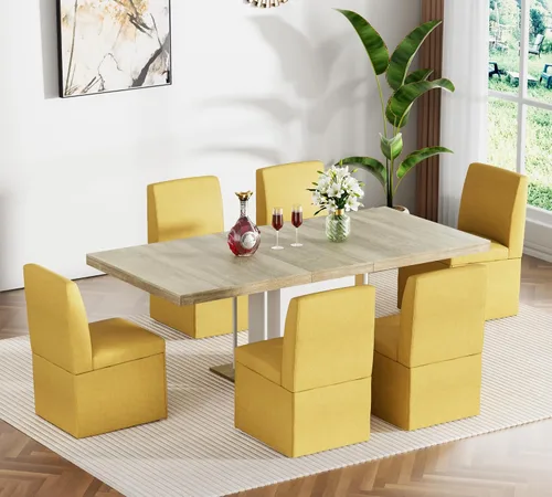Vista 12 de Juego de mesa de comedor extensible para mesa de cocina extensible de 4, 5 piezas y 4 sillas de almacenamiento ocultas de lino tapizadas de madera