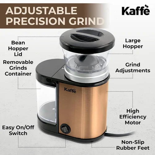 Vista 4 de Kaffe - Molinillo eléctrico de café con rebabas (5.5 onzas) con ajustes de grosor precisos ajustables, rebabas planas, [motor mejorado], molinillo