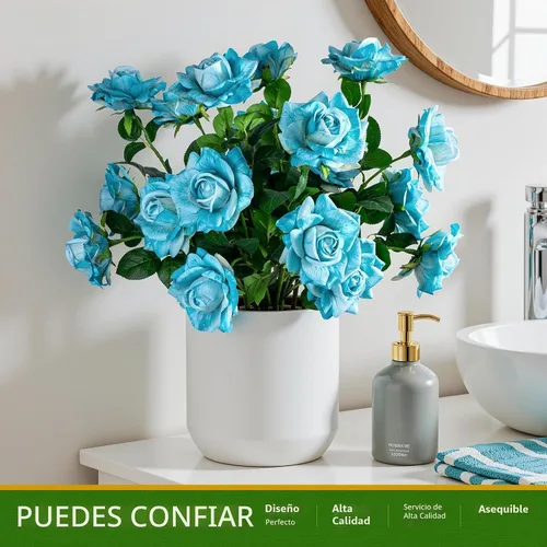 Vista 8 de Flores artificiales de 23.2 pulgadas, 20 rosas artificiales de tallo largo, flores artificiales de tallo largo para jarrón alto, rosa de seda, Azul