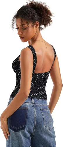 Vista 2 de SUUKSESS Camisetas sin mangas con respaldo abierto y cuello barco acolchado para mujer, con doble forro, camisas básicas Negro (Black Polka Dots)