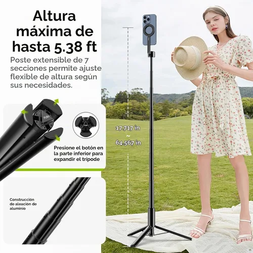 Vista 3 de ULANZI Trípode magnético para selfie stick de 64.6 pulgadas, trípode todo en uno con soporte magnético para teléfono y control remoto inalámbrico
