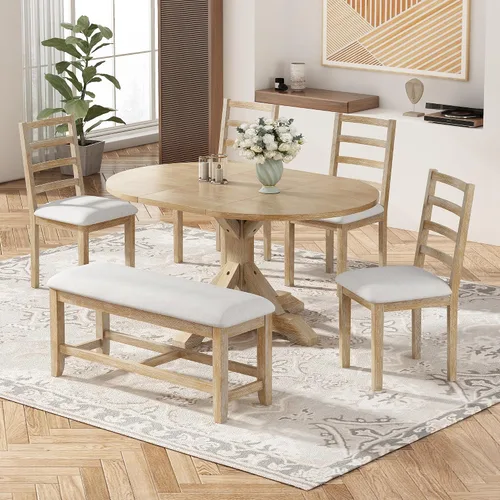 Vista 11 de JIVOIT Farmhouse 6 Piece Dining Table Set, Counter Height Table Set with 4 Chairs and a Bench, Rubber Wood Expandable Bar Table Set with Rivet Gris-3