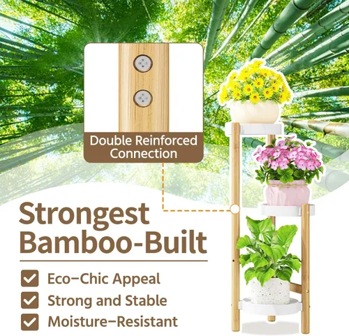 Vista 2 de LASZOLA Soporte de bambú blanco de 3 niveles resistente para plantas en interiores, estante vertical alto de múltiples niveles para esquina estrecha