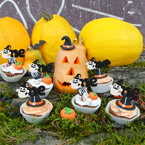 Vista 5 de 24 piezas de decoración de magdalenas Ghost One con purpurina para Halloween, fantasma, para magdalenas, decoración de magdalenas, fantasma, uno
