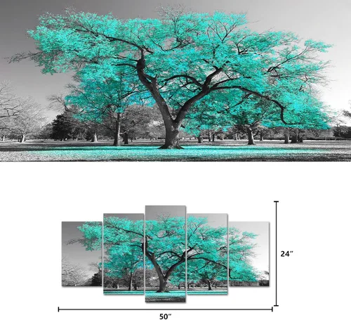 Vista 5 de Visual Art Decor Arte de pared de árbol turquesa, decoración turquesa para sala de estar, pintura de árbol, decoración de pared verde azulado