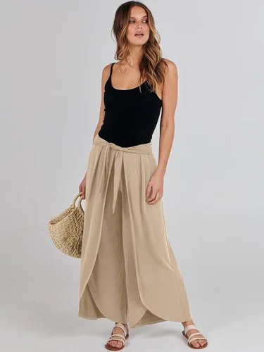 Vista 5 de ANRABESS Pantalones de verano de pierna ancha para mujer, con lazo frontal, holgados, de cintura alta, casual, con abertura, estilo bohemio, palazzo