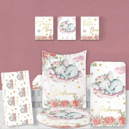 Vista 13 de Juego de ropa de cama de bebé personalizado, ropa de cama de elefante rosa para bebé, manta de bebé, sábana bajera ajustable, funda cambiadora