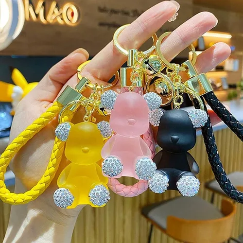 Vista 7 de Lindo llavero de oso de diamantes Kawaii con correa de muñeca para mujer y niña
