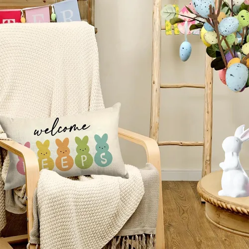 Vista 4 de GOOESING Fundas de almohada de Pascua de 12 x 20 pulgadas, funda de cojín de lino para sofá, decoración del hogar
