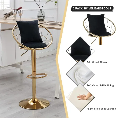 Vista 4 de Juego de 2 taburetes de bar giratorios de terciopelo, sillas de bar ajustables con respaldo y reposapiés, silla moderna para isla de cocina