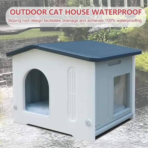 Vista 6 de Casa para gatos al aire libre con puerta de escape, casa para gatos con alfombrilla de autocalentamiento, casa para gatos al aire libre, casa grande