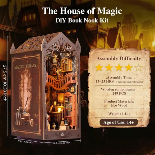 Vista 2 de Kit de rincón de libros, kit de casa en miniatura para bricolaje, casa de muñecas con cubierta antipolvo y luz LED, rompecabezas de sujetalibros