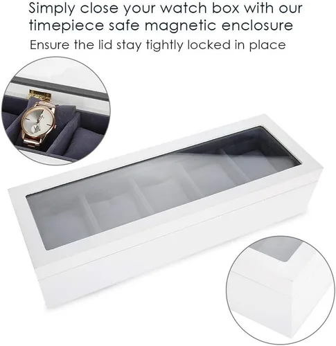 Vista 7 de Vitrina de reloj blanca, organizador de caja de reloj para hombres, vitrina de caja de reloj, caja de almacenamiento de vidrio con 5 ranuras