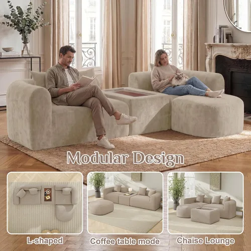 Vista 5 de Sofá de nube curva de 120 pulgadas, sofá seccional en forma de L con mesa Marrón claro