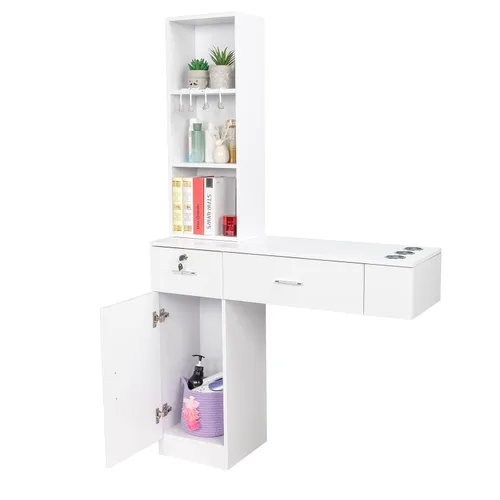 Vista 11 de OmySalon Estaciones de peluquería de montaje en pared, estaciones de salón para estilistas, juego de equipos de peinado con un gabinete de Negro