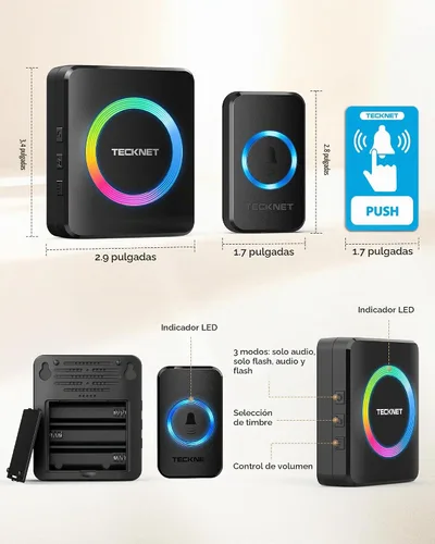 Vista 7 de TECKNET Timbre inalámbrico, timbre de puerta de 0 a 120 dB, rango de batería de 1300 pies, timbres de aula IP66 impermeables, 60 campanadas y 5