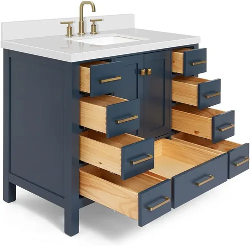 Vista 10 de ARIEL Cambridge - Mueble de baño con lavabo de 42 pulgadas, madera maciza, encimera de cuarzo blanco puro de 1.5 pulgadas, fregadero rectangular