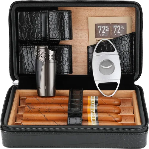 Vista 8 de Humidor de Puros Portátil, Estuche de Puros de Madera de Cedro y Cuero con Encendedor y Cortapuros, Negro