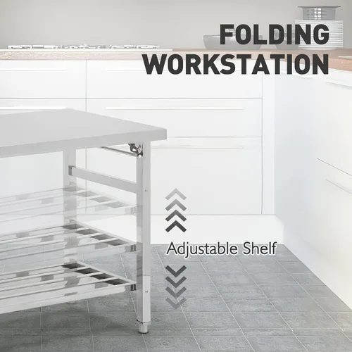 Vista 3 de GaoMon Mesa de trabajo de acero inoxidable de 24 x 47 pulgadas para preparación y trabajo, mesa de trabajo plegable NSF resistente para preparación