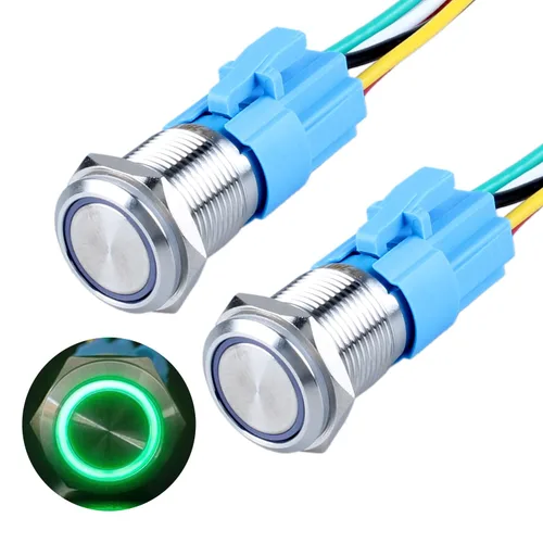 Vista 20 de 2 piezas de interruptor de botón momentáneo de metal de 0.630 in (ON) -Off 12V 24V DC Halo Ring LED iluminado impermeable anti-vandalismo carcasa