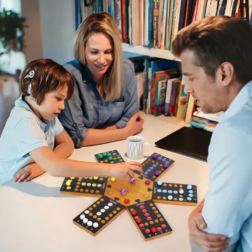 Vista 7 de Juego de mesa de mármol, juego de mesa de madera para 4 y 6 jugadores, juego de mármol original portátil con 24 canicas, 12 dados para familiares