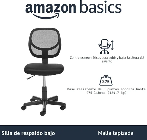 Vista 4 de Amazon Basics Silla de oficina con respaldo bajo, malla transpirable, altura ajustable, asiento acolchado, ruedas giratorias, soporte de espalda