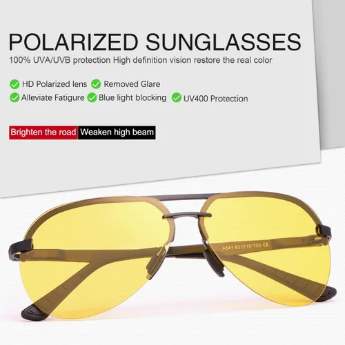 Vista 5 de Gafas de conducción de visión nocturna para hombres y mujeres, antirreflejos, lentes polarizadas amarillas, montura de metal piloto