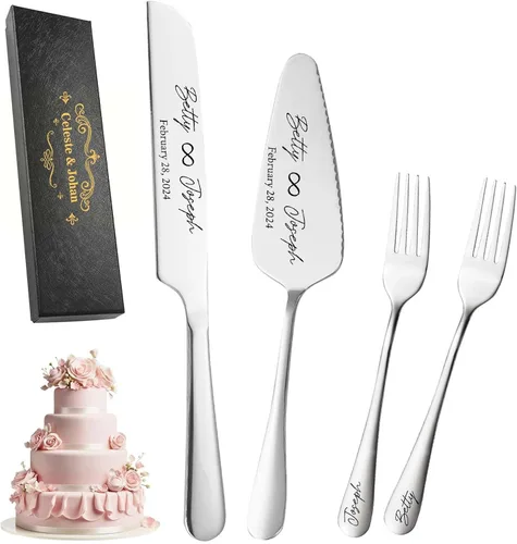 Vista 8 de Juego de cuchillos y servidores personalizados para tartas de boda, tenedores de acero inoxidable, cortador de tartas, juego de corte de pastel