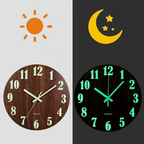 Vista 4 de Reloj de pared luminoso, reloj de pared de madera silencioso de 12 pulgadas sin tictac para interior/sala de estar