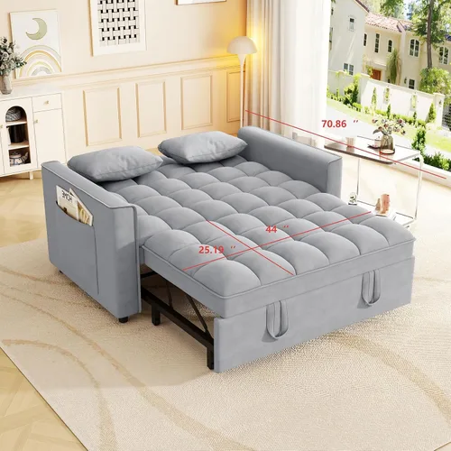 Vista 3 de Aoowow Sofá cama convertible 3 en 1, sofá cama extraíble con respaldo ajustable, sofá biplaza pequeño de terciopelo con bolsillos de almacenamiento