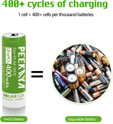Vista 4 de Paquete de 4 baterías recargables 14430 LifePo4 3.2V 400mAh para luz solar de jardín exterior (1.7 pulgadas), ecológica y segura
