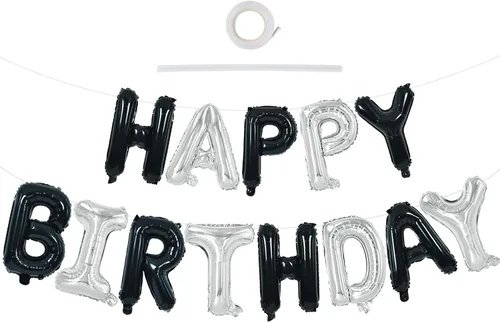 Vista 41 de TONIFUL Pancarta de Globos Negros de Feliz Cumpleaños de 16 Pulgadas con Letras de Papel de Aluminio Mylar, Cartel Banderín Reutilizable