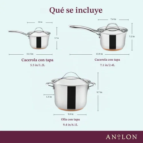 Vista 2 de Anolon Nouvelle - Juego de ollas y sartenes de acero inoxidable, 10 piezas Stainless Steel Cookware Set with Lids, Oven Safe to 500°F, Durable