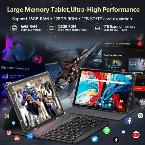 Vista 4 de Android 15 Tablet 2026 Última tableta de 11 pulgadas con teclado, 128 GB ROM 16 GB RAM 2TB Expand, 8000 mAh, tabletas Octa-Core con WiFi 5G/2.4G