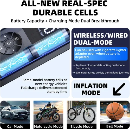 Vista 6 de Inflador de neumáticos, compresor de aire portátil, 160 PSI de potencia dual 6000 mAh, bomba de aire inalámbrica con indicador digital, luz LED
