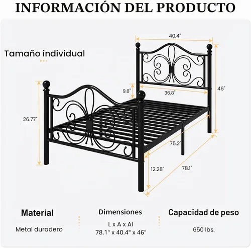 Vista 2 de SHA CERLIN Estructura de cama de tamaño individual para niños, estructura de cama de metal con cabecero y pie de cama con diseño de patrón de Negro