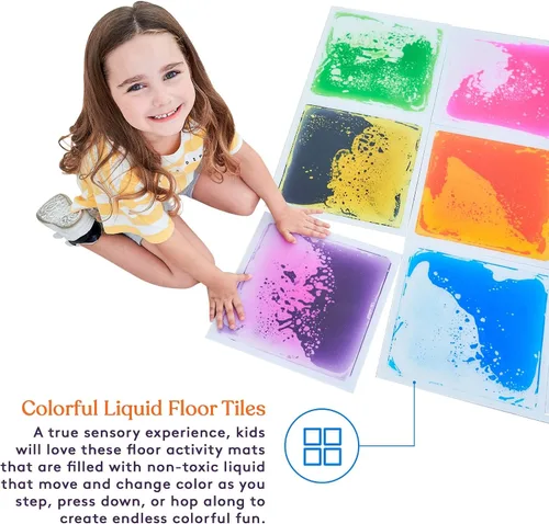 Vista 3 de Special Supplies Azulejos líquidos cuadrados para niños, juego de 9, coloridas alfombrillas sensoriales de aprendizaje temprano para niños pequeños