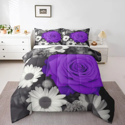 Vista 7 de Juego de edredón de rosas rojas, tamaño individual, juego de ropa de cama floral rojo degradado negro para niñas, mujeres, niños, adolescentes