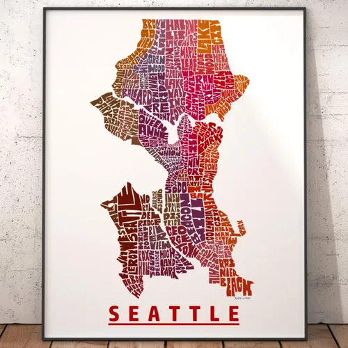 Vista 5 de Impresión del mapa del barrio de Seattle, impresión firmada de mi arte original de mapa de tipografía de Seattle dibujado a mano