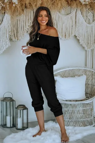 Vista 5 de PRETTYGARDEN Conjunto deportivo acanalado de 2 piezas para mujer, hombros descubiertos, manga larga, pantalones largos con bolsillos