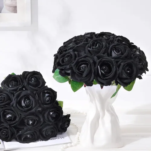 Vista 3 de 50 flores artificiales de rosas negras, ramo de rosas falsas de terciopelo