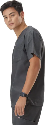 Vista 4 de Mediclo Camisa médica médica para hombre - Crevan Essential 3 bolsillos Eco amigable con el medio ambiente FYSEL tela con cuello en V camisa ropa