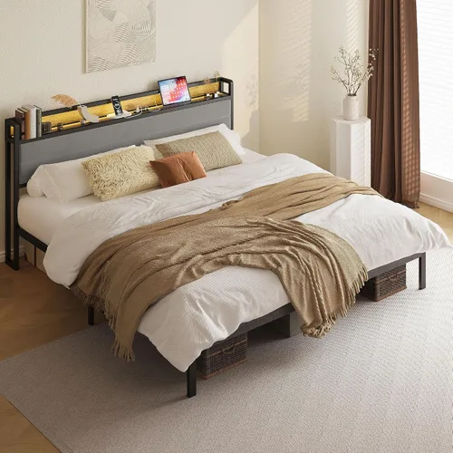 Vista 14 de LIKIMIO - Base de cama Queen con cabecero, luces LED y estación de carga Gris carbón