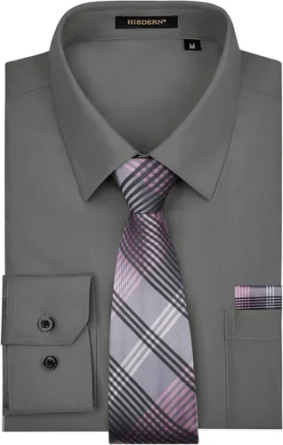 Vista 61 de HISDERN Mens Dress Shirt with Tie Pocket Square Set Classic Button Down Shirt Matching Tie Long Sleeve Shirts 08-verde