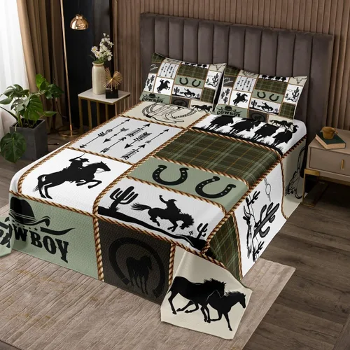 Vista 40 de Colcha de vaquero occidental para niños, tamaño individual, juego de colcha rústica de herraduras, cactus y herraduras, decoración de habitación