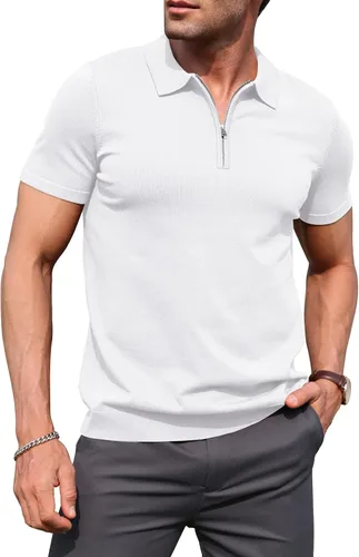 Vista 13 de RQP Camisas polo con cremallera para hombre, camisas casuales de punto de manga corta/larga, camisas de golf elásticas ajustadas, suéter suave
