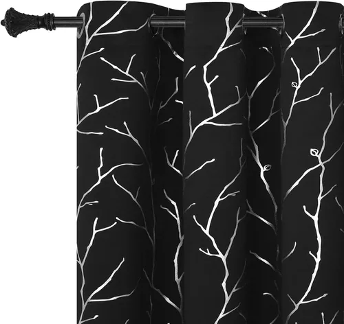Vista 33 de BUHUA Cortinas pequeñas para ventana de 36 pulgadas de largo, 2 paneles, cortinas opacas con elegantes ramas de árbol plateadas, cortinas de bloqueo