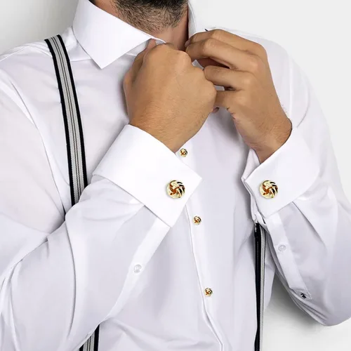 Vista 4 de HAWSON Gemelos con nudo y tachuelas de camisa para hombre en tono dorado o plateado, a juego con esmoquin blanco y negro, adecuados para el día
