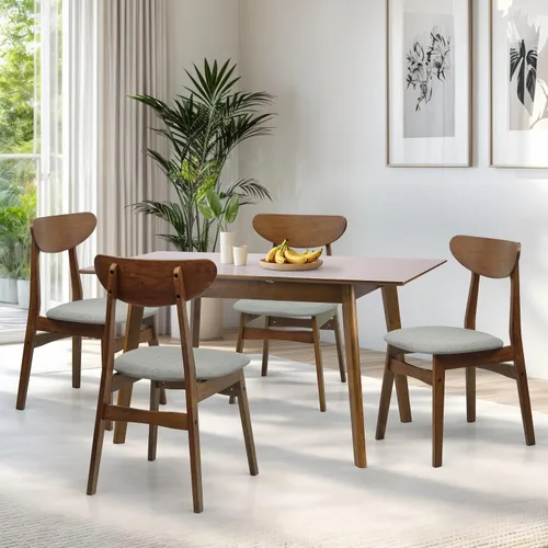 Vista 9 de Juego de mesa de comedor de 5 piezas, 4 sillas Yumiko de madera maciza con mesa de comedor rectangular extensible Edison, juego de comedor
