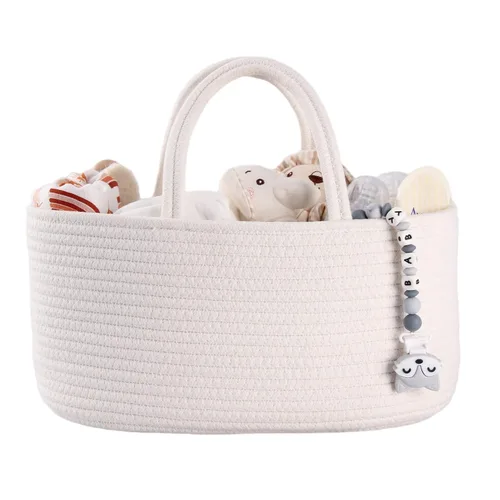 Vista 9 de Organizador de pañales para bebé con asa de cuerda de algodón para niña o niño, cesta de almacenamiento portátil para guardería, bolsa de pañales